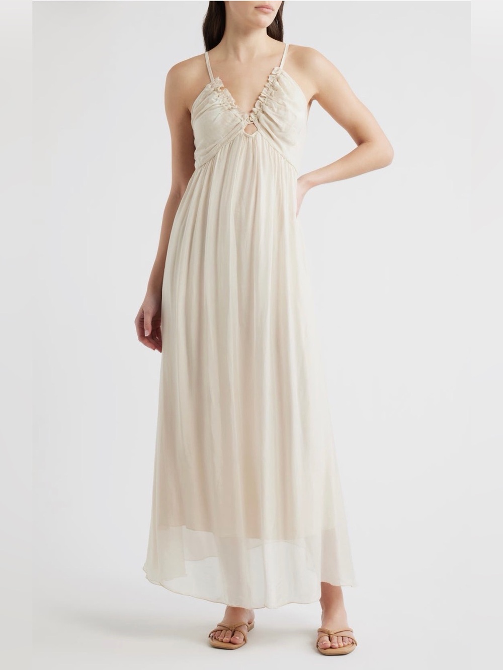 DELUC Dolce Sleeveless Maxi Dress V-Neck Silk Blend Smocked Cream Ecru